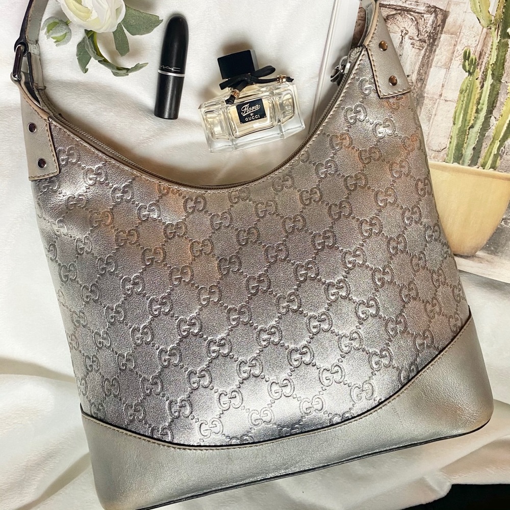 GUCCI Guccissima Leather Hobo Metallic Silver Bag